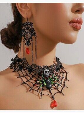 Black Choker Necklace and Earrings Velvet Halloween Jewelry with Medieval Skull